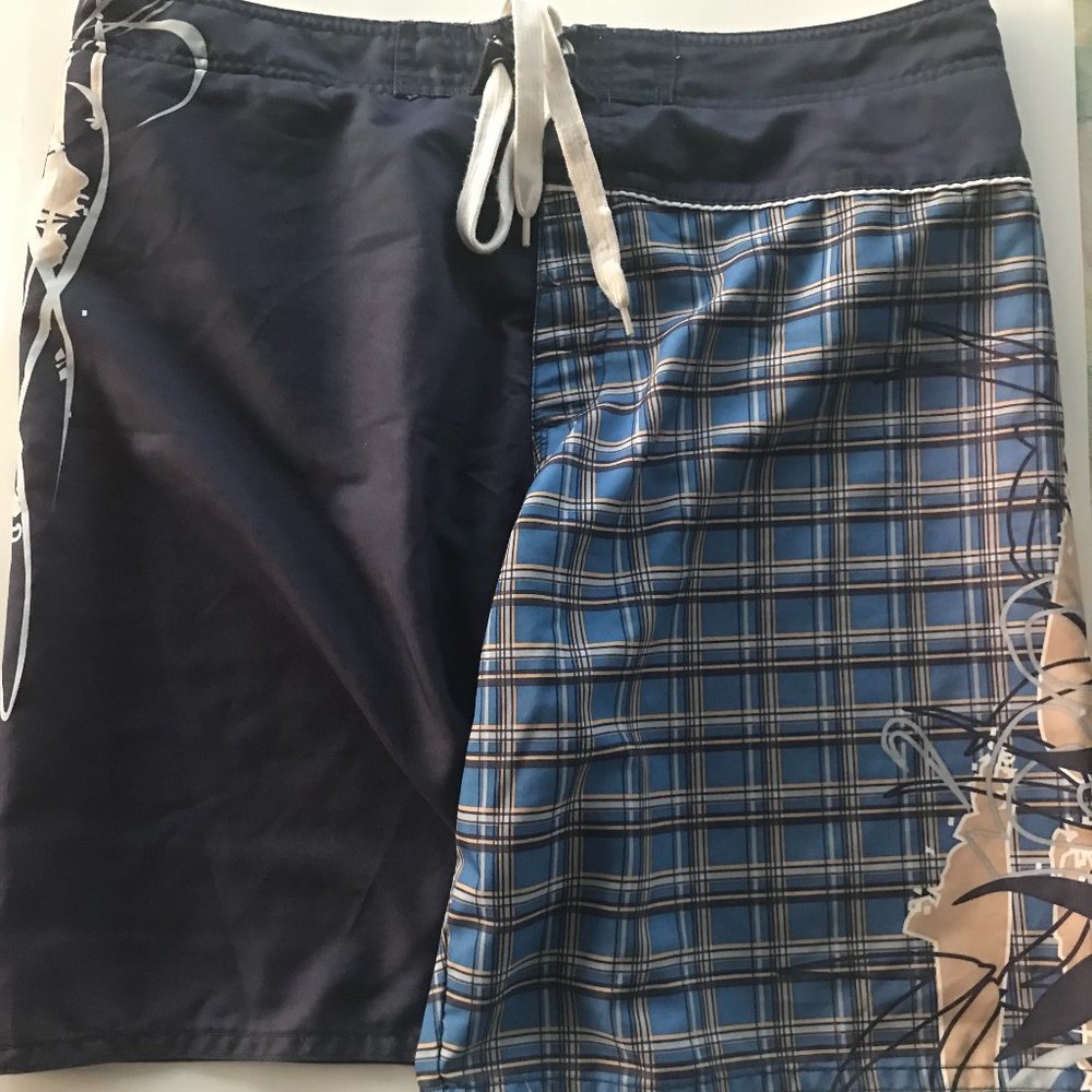 Vintage 90sJoe Boxer Mens Swim Suit Size 38 Blue Yellow Black Plaid Board Shorts